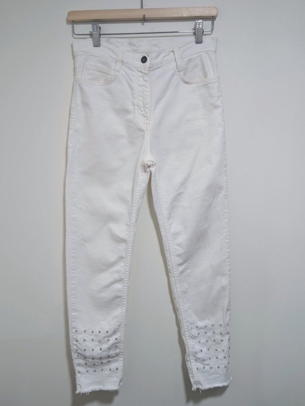 Sandro | White Studded Fringe Hem Skinny Jeans